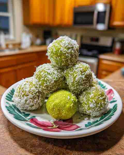 Vibrant Matcha & Coconut No-Bake Energy Bites Recipe 💚🥥✨ Ingredients 1 cup (90g) rolled oats (use...