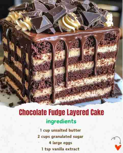 Chocolate Fudge Layered Cake 🍫🎂 Ingredients: 1 cup unsalted butter 🧈 2 cups granulated sugar 🍬...