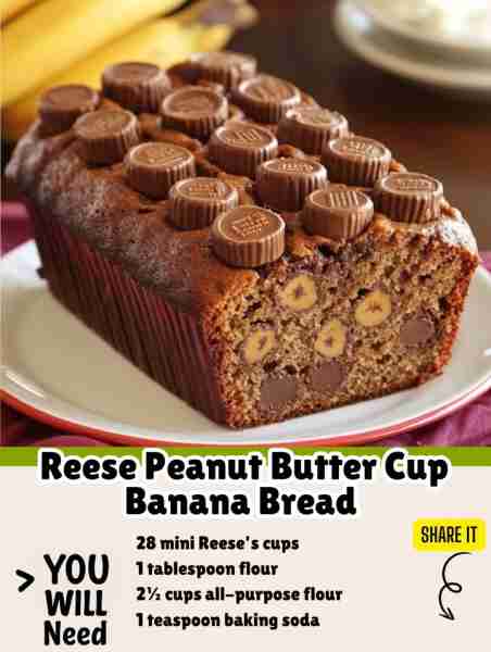 Reese Peanut Butter Cup Banana Bread - Check top comments for full recipe ~~ ingredients: 28 mini Re...