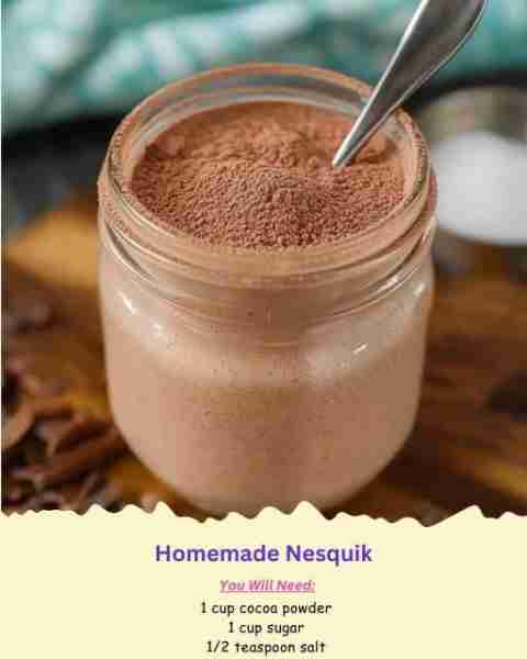 Homemade Nesquik Ingredients: - 1 cup cocoa powder - 1 cup sugar - 1/2 teaspoon salt - 1 teaspoo...
