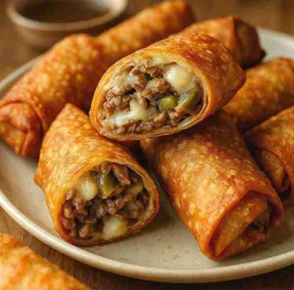 Philly Cheesesteak Egg Rolls 🧀🥩 Ingredients: 1/2 lb thinly sliced beef (ribeye or sirloin) 1/2 cup...