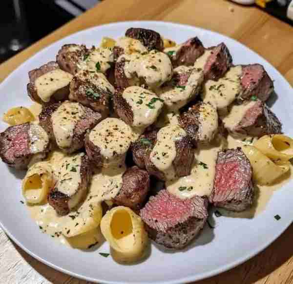 Garlic Butter Steak Bites with Creamy Parmesan Shells **Ingredients:** - 1½ lbs steak (ribeye, sirlo...