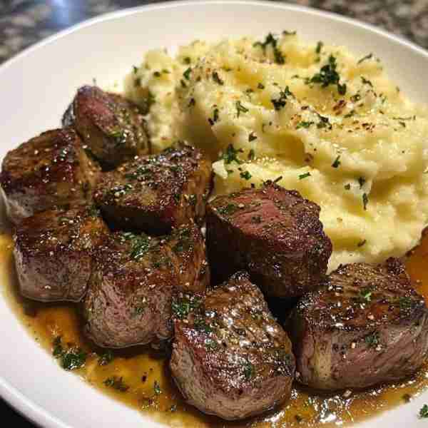 Garlic Butter Steak Bites & Mashed Potatoes Steak Bites: 1 lb sirloin steak, cut into cubes Salt & p...