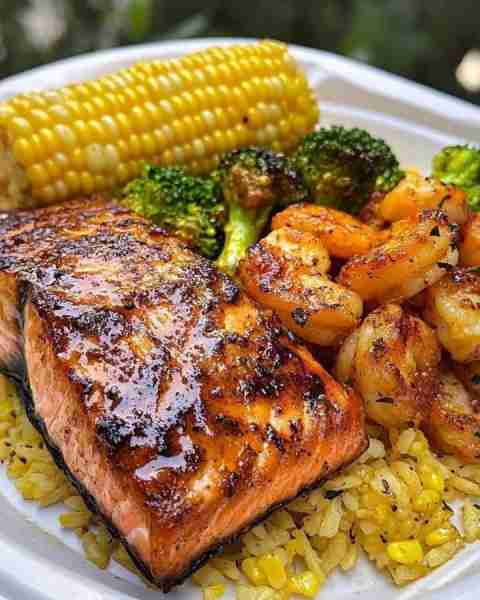 Honey Bourbon Glazed Salmon with Sautéed Shrimp, Cheesy Broccoli, and Cajun Corn 😋✨ This dish is t...