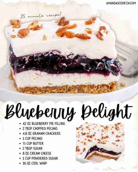 Blueberry Delight 🤤 EASY DESSERT! 42 oz blueberry pie filling 2 Tbsp chopped pecans 4.8 oz graham c...
