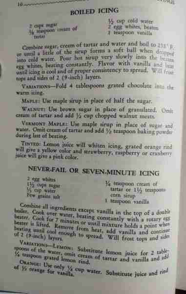 Great Icing Recipes For Coconut or Devils Food Cake - Boiled Icing and Never-Fail or Seven Minute Ic...