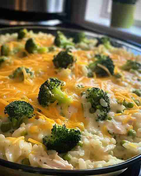 Broccoli, Rice, Cheese, and Chicken Casserole This creamy and comforting casserole combines tender c...