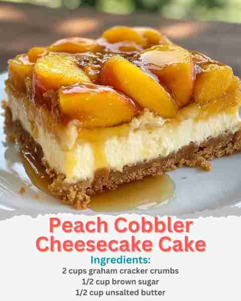 Peach Cobbler Cheesecake Cake Ingredients: Crust: 2 cups graham cracker crumbs 1/2 cup brown sugar 1...