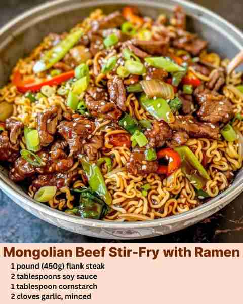 Mongolian Beef Stir-Fry with Ramen Recipe Ingredients: 1 pound (450g) flank steak 2 tablespoons soy...