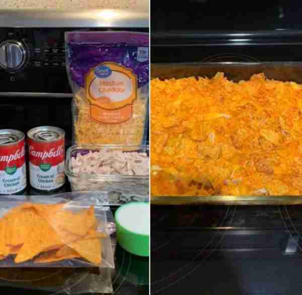Dorito Chicken Casserole🍽 •Cooked shredded chicken. (I used rotisserie chicken.) •Crushed Dori...
