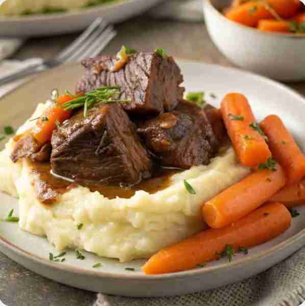 Here’s a full recipe for Braised Beef Short Ribs with Creamy Mashed Potatoes & Carrots in the format...