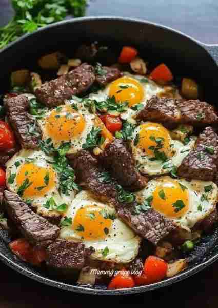 Steak and Eggs Hash 1 lb Flank steak (Sliced into thin strips) 2 tbsp Olive oil (For cooking the...