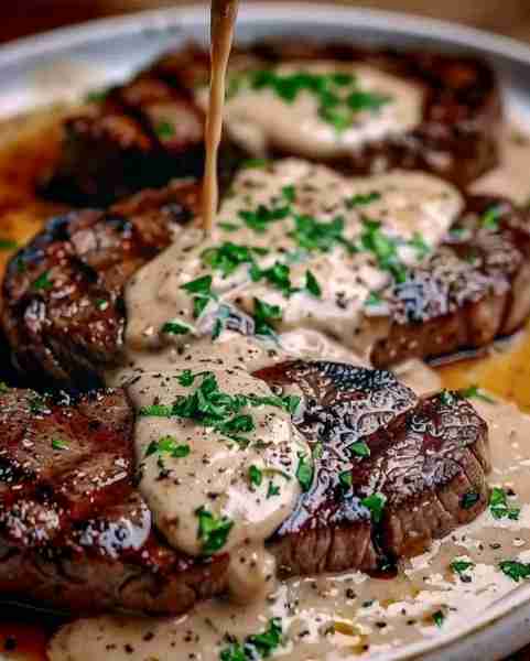 Juicy Steak with Creamy Garlic Sauce 🥩🍽️🧄 This Juicy Steak with Creamy Garlic Sauce is a delicious...