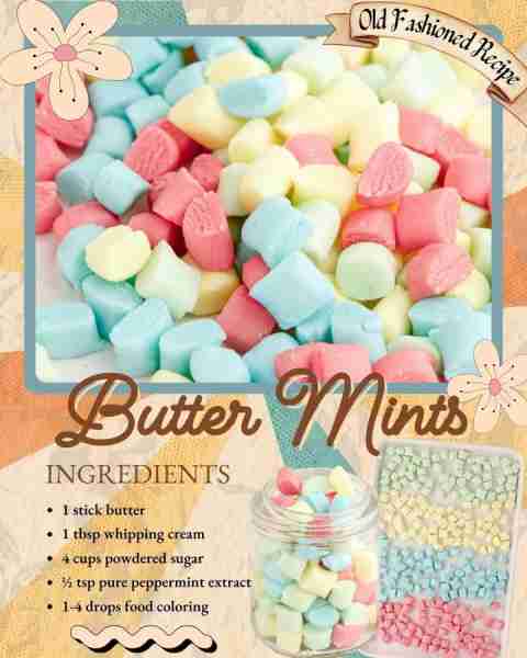 BUTTER MINTS! Classic recipe! 1 stick butter 1 tbsp whipping cream 4 cups powdered sugar ½ tsp pure...