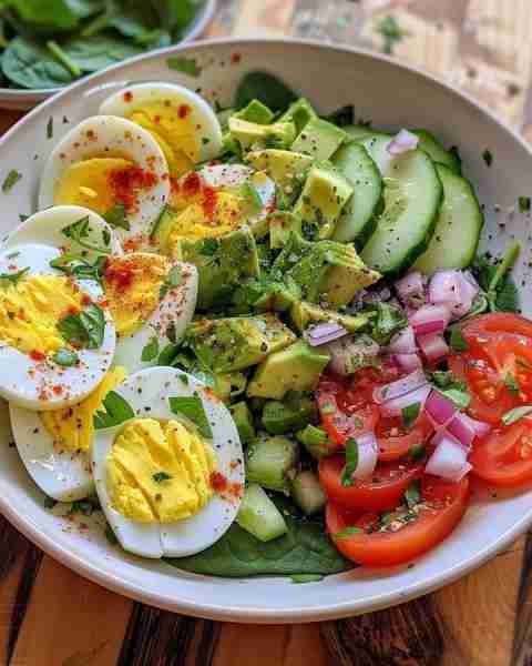 A vibrant and healthy salad bowl featuring sliced hard-boiled eggs, creamy avocado, fresh cucumber,...