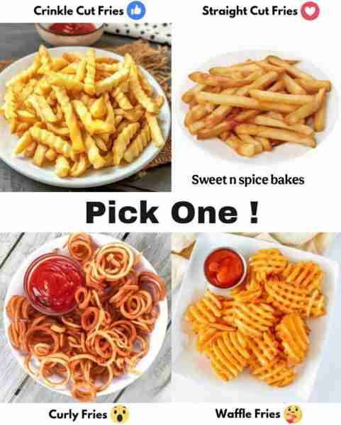 Crinkle Cut Fries: Crinkle cut fries are thick, ridged potato fries that have a signature wavy textu...
