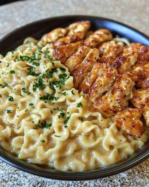 Garlic Butter Chicken Bites with Cafeteria Noodles Ingredients: 8 oz egg noodles 3 tablespoons butte...