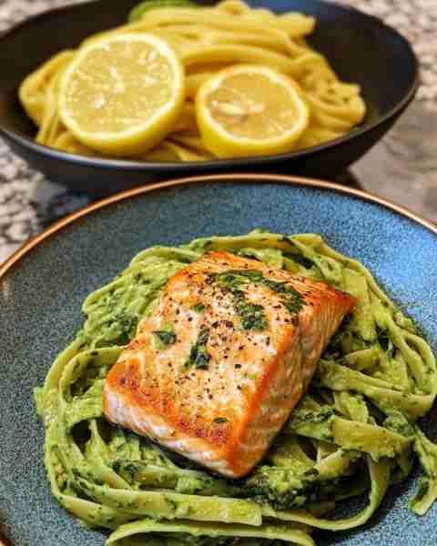 Avocado Cream Salmon with Spinach Pasta Silky Avocado Cream Salmon over Emerald Spinach Fettuccine I...
