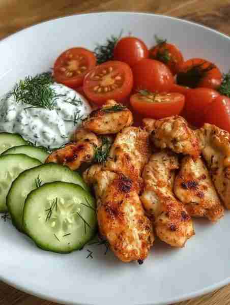 Grilled Chicken & Tzatziki Plate 🍗🥒🍅 1. Grill chicken strips with olive oil, garlic, paprika & or...