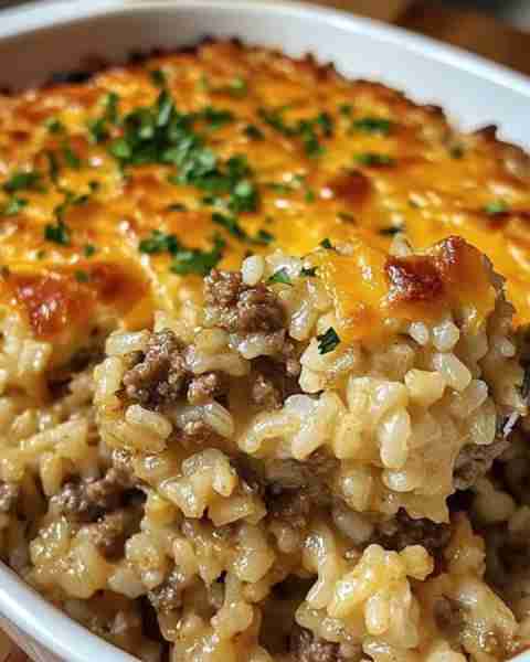 Cheesy Ground Beef Rice Casserole 🥰 Ingredients: 1 ½ pounds ground beef 2 cups cooked white rice 1...