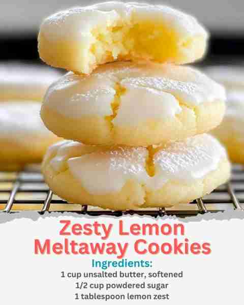 Zesty Lemon Meltaway Cookies Ingredients: 1 cup unsalted butter, softened 1/2 cup powdered sugar 1 t...