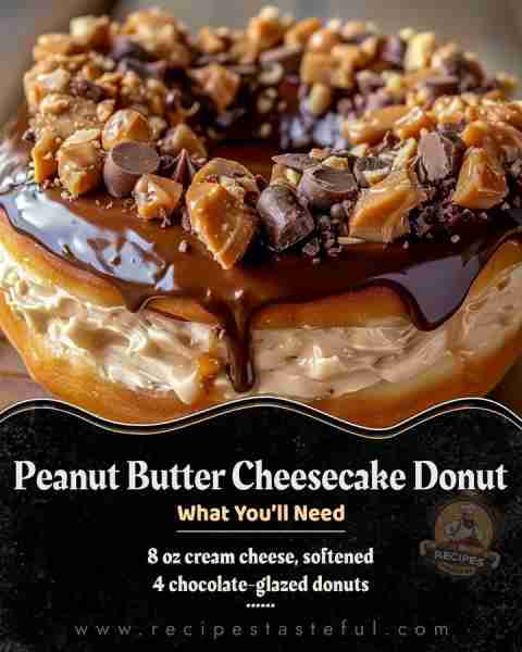 🍩 Peanut Butter Cheesecake Donut 🥜 Ingredients For the Donut Sandwiches: 4 chocolate-glazed donuts...