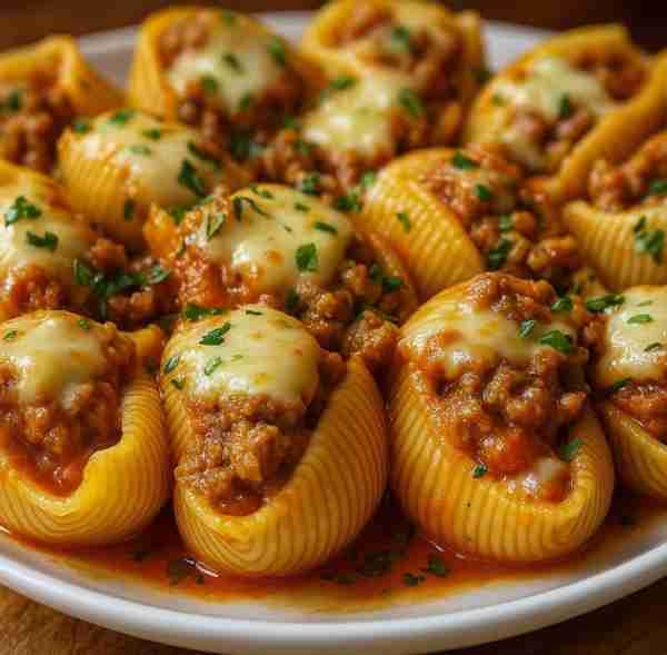 Cheesy Meat Stuffed Pasta Shells 🧀🍝🥩 Ingredients: 20 jumbo pasta shells (cooked al dente) 1 lb gr...