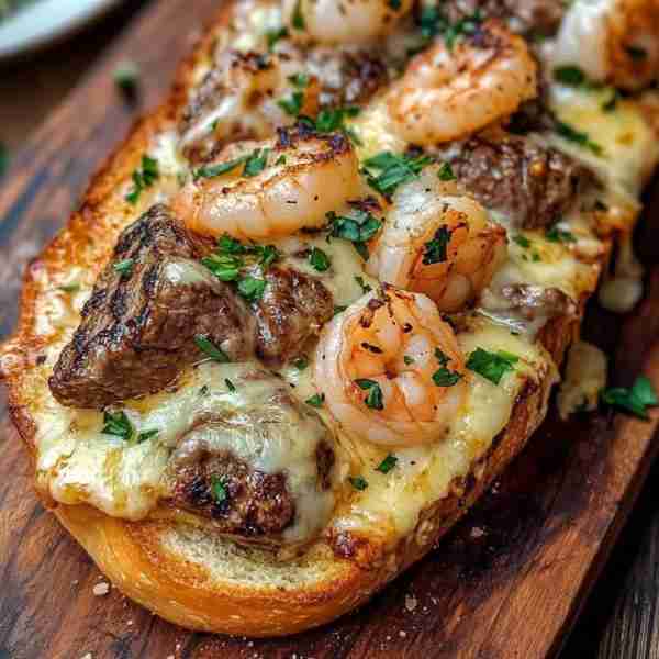 🥖🧄 Loaded Steak & Shrimp Cheesy Garlic Bread ✨🧀 An epic appetizer or meal featuring toasted garl...