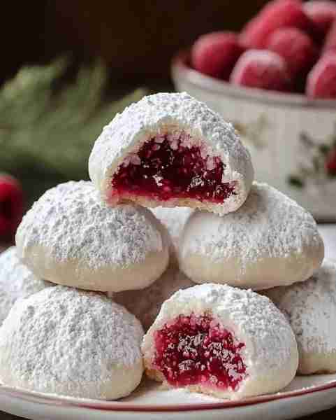 Almond Snow Cookies with Raspberry Filling Recipe Ingredients 1 cup unsalted butter, softened 1/2 cu...