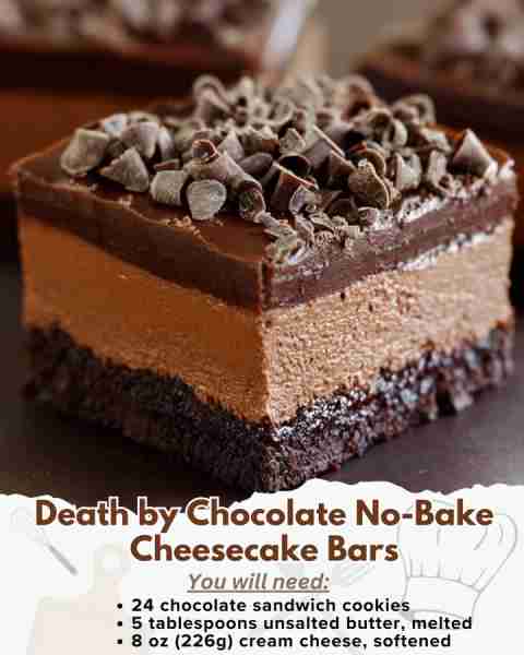 Death by Chocolate No-Bake Cheesecake Bars 🍫🍰 Ingredients: For the Chocolate Cookie Crust: 24 choc...