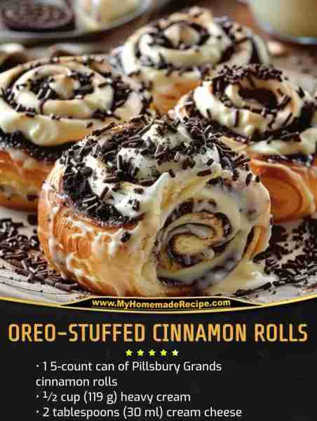 Oreo-Stuffed Cinnamon Rolls Ingredients: 1 5-count can of Pillsbury Grands cinnamon rolls ½ cup (119...