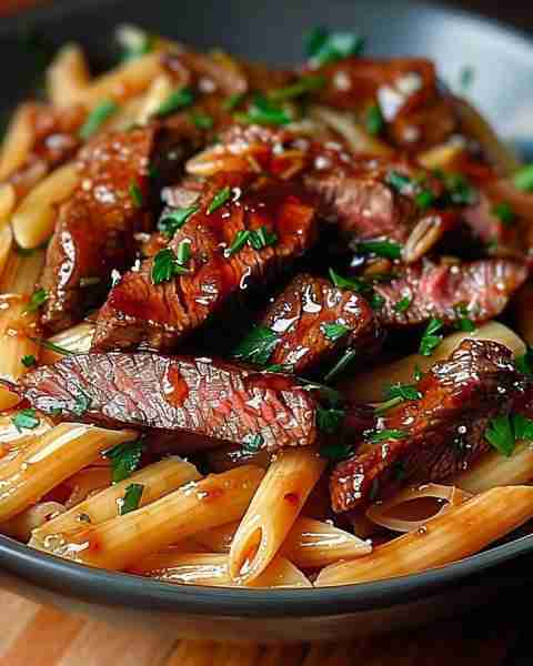Spicy Honey BBQ Steak Pasta One-Pan Wonder! 🍝🔥 Satisfy your cravings with this Spicy Honey BBQ Ste...