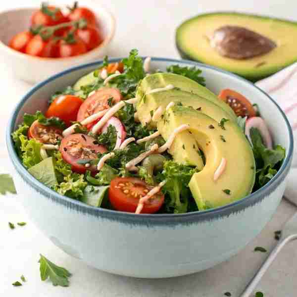 Avocado Garden Salad 🥑🥗🍅 Ingredients: 🥬 1 cup kale or mixed greens 🥑 ½ avocado, sliced 🍅 ½ cup...