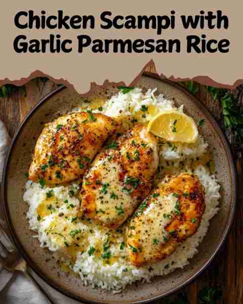 🍗🧄 Chicken Scampi with Garlic Parmesan Rice – A One-Skillet Flavor Bomb! 💥🍚 Juicy chicken cooked...