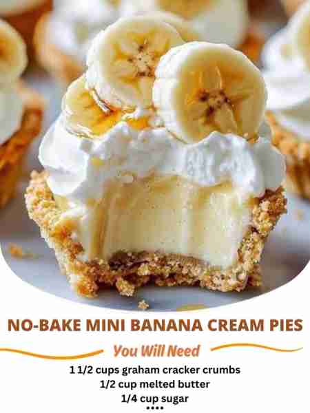 No-Bake Mini Banana Cream Pies 🍌💛 Ingredients: 1 1/2 cups graham cracker crumbs 1/2 cup melted but...