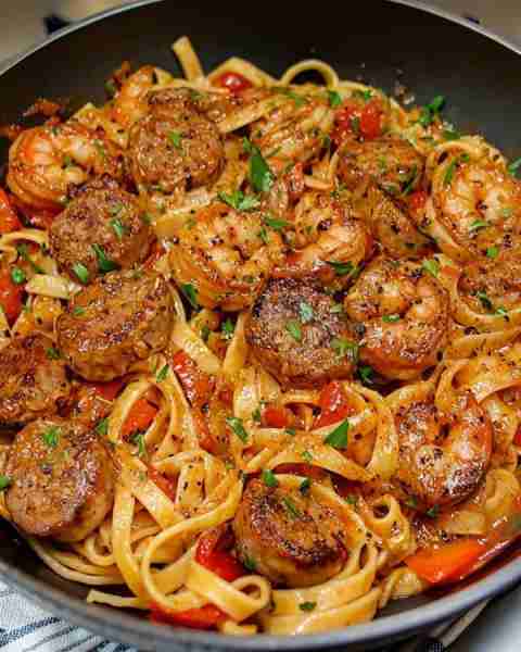 CREAMY CAJUN SHRIMP PASTA WITH SAUSAGE 🍤🌶️🍝 📋 Ingredients: For the Protein: 1 lb large shrimp, pe...