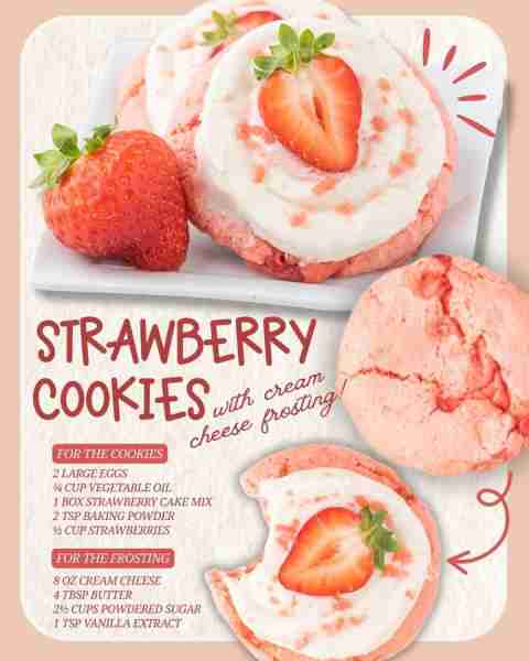 STRAWBERRY COOKIES WITH CREAM CHEESE FROSTING! Fresh strawberries + dreamy frosting = the sweetest t...