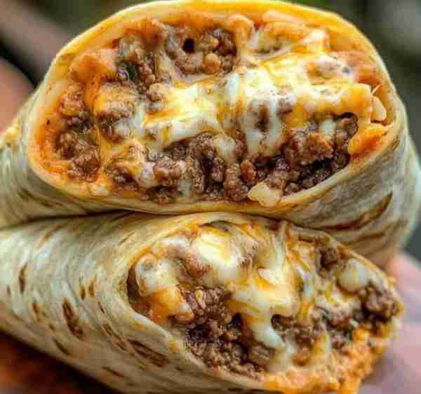 Stuffed Ground Beef Burritos with Creamy Spicy Sauce Ingredients: 1 lb ground beef 4 large flour tor...