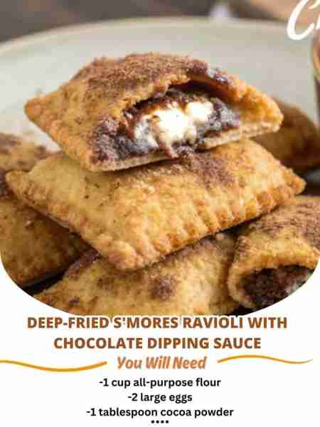 Deep-Fried S'mores Ravioli with Chocolate Dipping Sauce🍫🍞 --- Ingredients: -1 cup all-purpose flou...