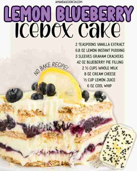 Lemon Blueberry Icebox Cake 🍋 NO BAKE RECIPE! 2 tsp vanilla extract 6.8 oz lemon instant pudding 3...