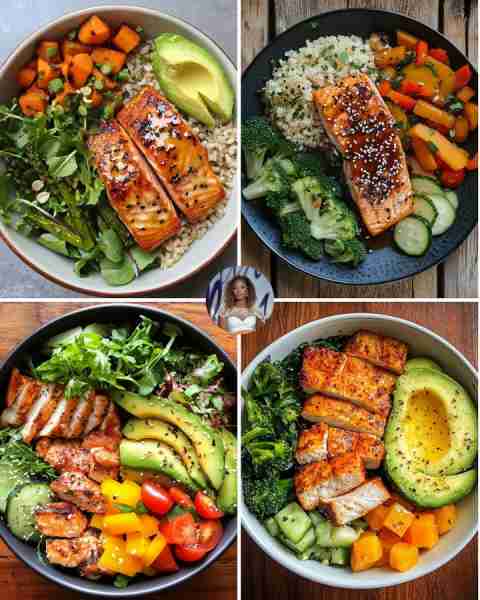 Honey Garlic Salmon & Brown Rice Bowl 🐟🍚 Ingredients: Baked salmon 🐟 with honey, garlic, and soy...