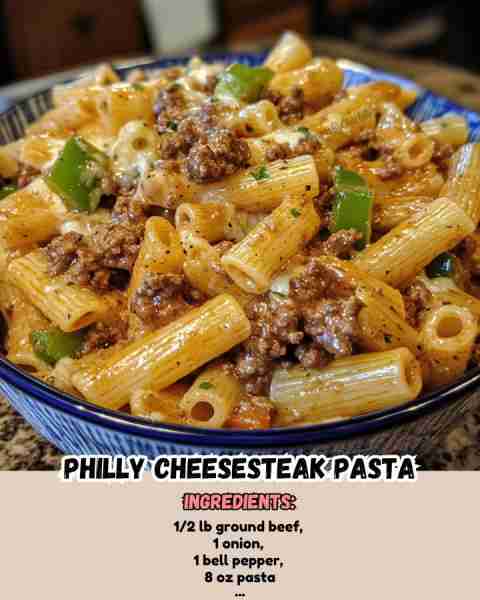 Philly Cheesesteak Pasta Ingredients: 1/2 lb ground beef or steak strips 1 onion, sliced 1 bell...