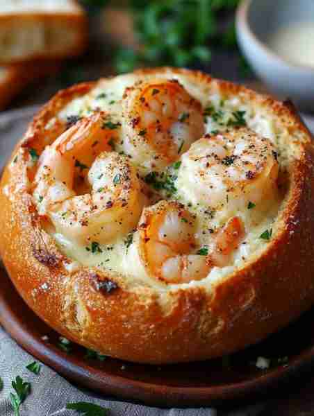 🧀Cheesy Garlic Shrimp Bread Bowl🍤 Every bite is creamy, rich, and loaded with garlic butter shrimp...