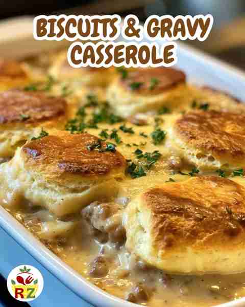 🍳 BISCUITS & GRAVY CASSEROLE Ingredients: 1 can (16 oz) refrigerated biscuit dough 1 lb breakfast s...