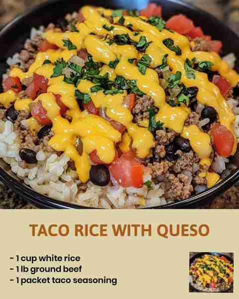 Taco Rice with Queso Get ready for a fiesta in your mouth with this flavorful Taco Rice with Queso r...