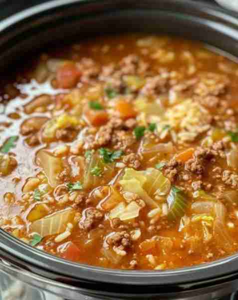 Unstuffed Cabbage Roll Soup 🥣🥬 Ingredients: 1 lb ground beef 1/2 head cabbage, chopped 1/2 cup unc...
