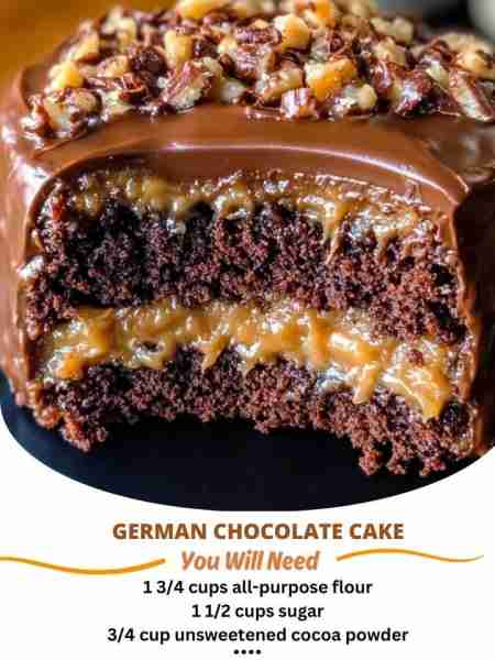 German Chocolate Cake Ingredients: 1 3/4 cups all-purpose flour 1 1/2 cups sugar 3/4 cup unsweetened...