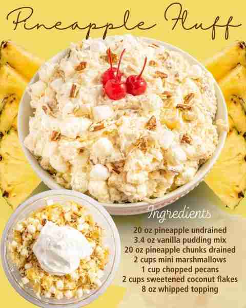PINEAPPLE FLUFF SALAD! 🍍 20 oz pineapple undrained 🍍 3.4 oz vanilla pudding mix 🍍 20 oz pineapple...