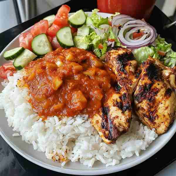 🍗🔥 Juicy Grilled Chicken with Spicy Tomato Sauce & Rice 🥗🍚 Prep Time: 20 minutes Cook Time: 25 m...