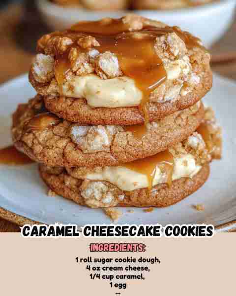 Caramel Cheesecake Cookies Ingredients: 1 roll sugar cookie dough 4 oz cream cheese 1 egg 1/4 c...